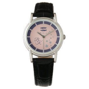 Zodiac Pisces Elegant Rosé Dark Blue Monogrammed Horloge