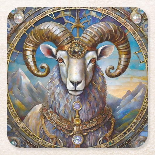 Zodiac - Ram de Ram Vierkante Kartonnen Onderzetter (Voorkant)