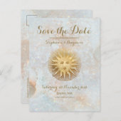 Zodiac Sun Ice Blue Celestial Gold Save the Date Aankondigingskaart (Voorkant / Achterkant)