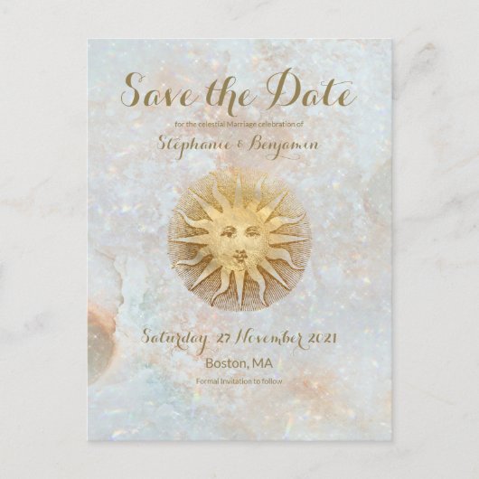 Zodiac Sun Ice Blue Celestial Gold Save the Date Aankondigingskaart (Voorkant)
