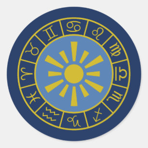 Zodiac Sun Wheel+Astrological Symbolen Gold+Blues Ronde Sticker