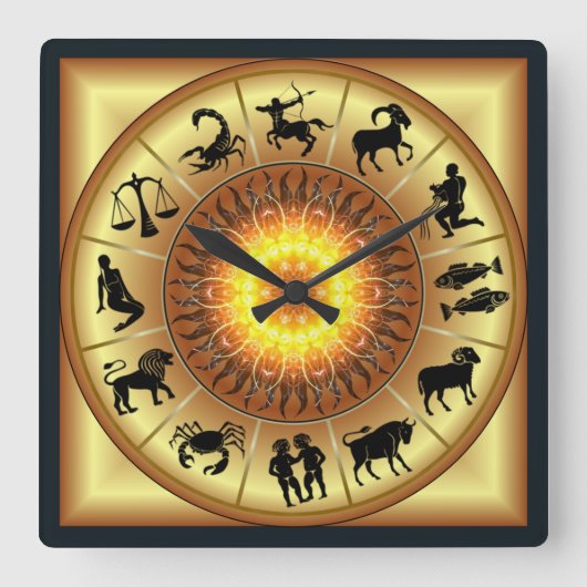 Zodiac~Toasted Sun~Western Astrology~Gold Back~ Vierkante Klok (Voorkant)