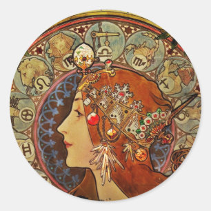 Zodiak Woman van Mucha Ronde Sticker