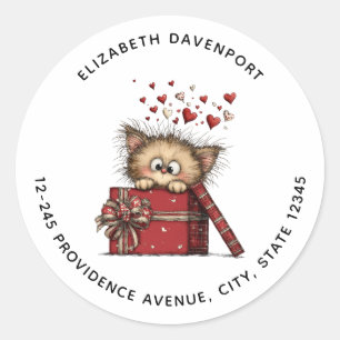 Zoe Cartoon Kitten in een Doos met Hartjes Adres Ronde Sticker