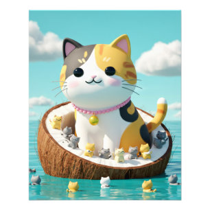 Zoe Cute Calico Kat op Kokoseiland – Kawaii Oceaan Foto Afdruk