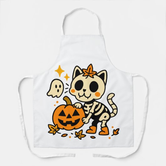 Zoe Cute Skeleton Kat Print Apron, Medium Schort (Voorkant)