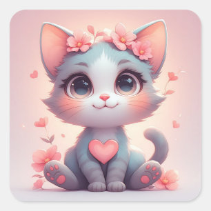 Zoe Kitten Met Bloemen En Liefdes Hartjes Schattig Vierkante Sticker