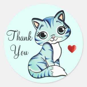 Zoe kitty kat met hart Dank je wel op Lichtblauw Ronde Sticker