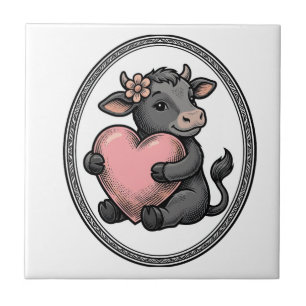 Zoe Koe Hart Vintage Gravure Boerderij Shirt Tegeltje
