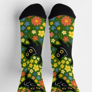 Zoeie Zwarte Katten Bloemrijk Weidepatroon Sokken