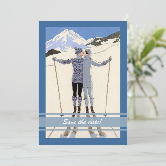 zoenende skiërs - winter opslag datum aankondiging (Staand voorkant)