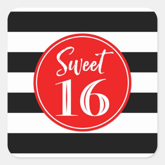 Zoet 16 Birthday Red Black White Vierkante Sticker (Voorkant)