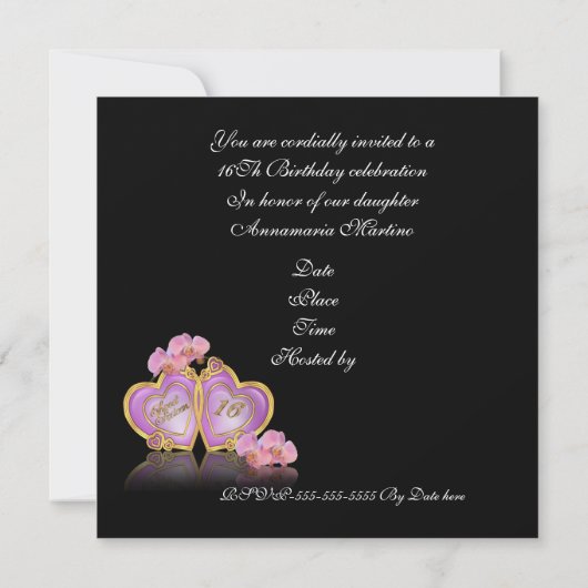 Zoet 16 Roze en zwart uitnodiging (Achterkant)