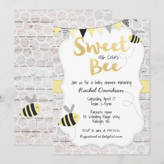Zoet als bee Baby shower Invitation Kaart (Voorkant / Achterkant)
