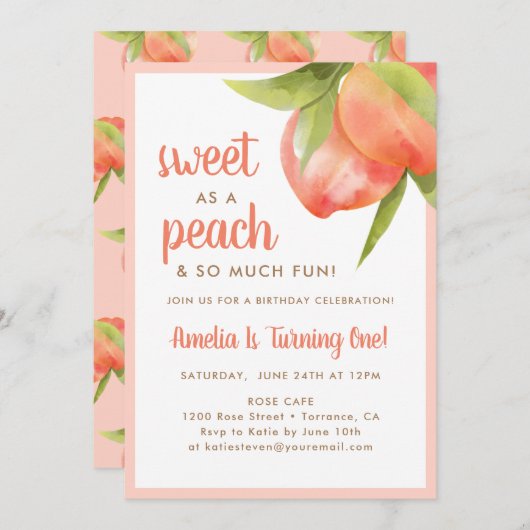 Zoet als een perzik 1e verjaardag uitnodigingen (Voorkant / Achterkant)