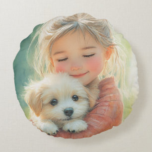 Zoet Aquarel Meisje en Hondje Kussen
