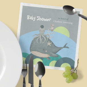 Zoet Blauw Aquarel Scheepvaart Walvis Baby Borrel Servet