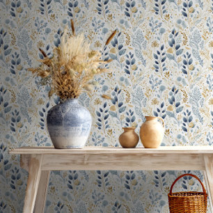 Zoet Bloemen Stoffig Blauw Goud ID1045 Behang