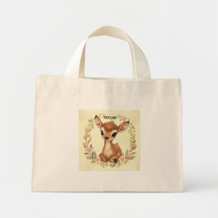 Zoet bosjong hert in een bloemenkrans mini tote bag