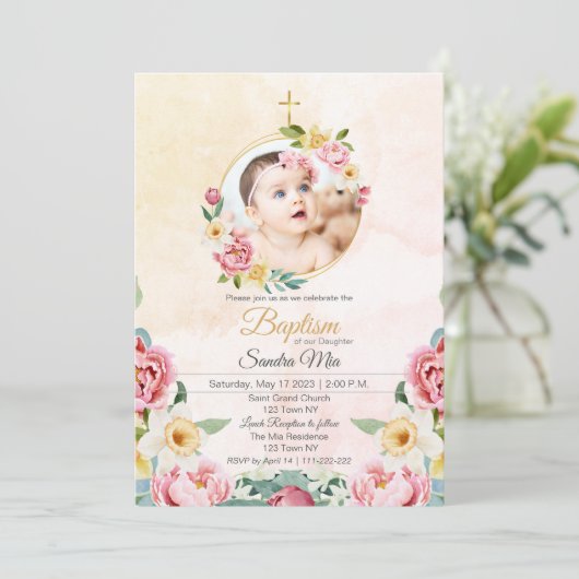 Zoet Geel Roze Bloem Tuin Doop Uitnodiging (Staand voorkant)