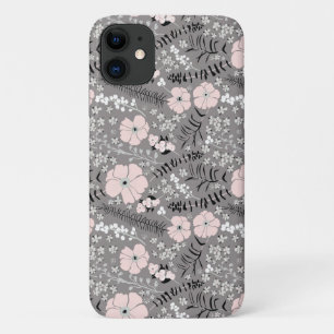 Zoet grijs roze wit patroon bloemen iPhone 11 hoesje