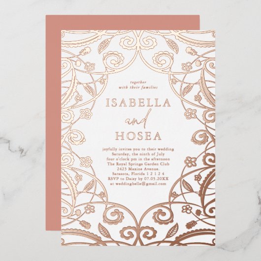 Zoet Roos Goud Bloemen Kant Bruiloft Folie Uitnodiging (Voorkant / Achterkant)