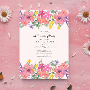 Zoet Roze Paarse Bloemen 1e Verjaardagsfeest Kaart