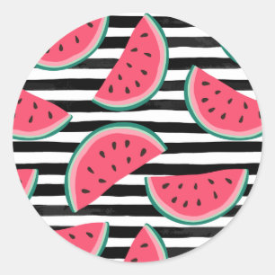 Zoet watermelon op Stripes Black & White Pattern Ronde Sticker