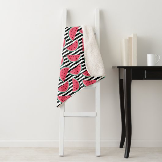 Zoet watermelon op Stripes Black & White Pattern Sherpa Deken (In situ)