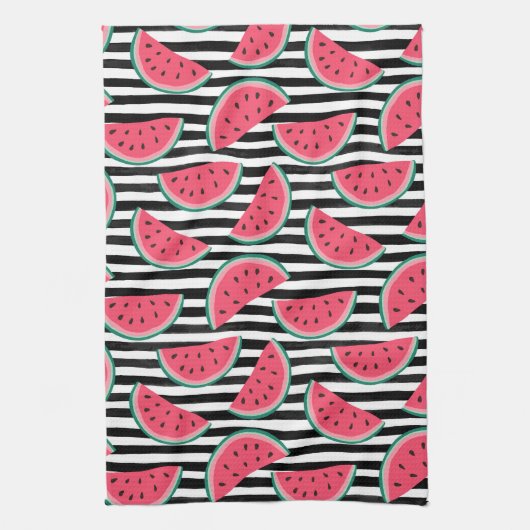 Zoet watermelon op Stripes Black & White Pattern Theedoek (Verticaal)