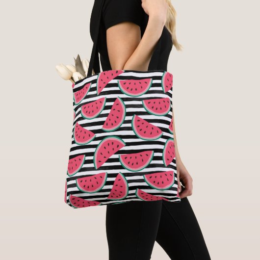 Zoet watermelon op Stripes Black & White Pattern Tote Bag (Dichtbij)