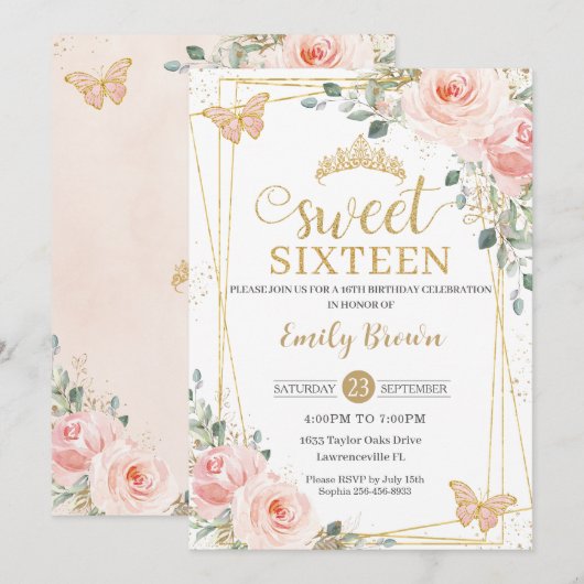 Zoet Zestien Blush Roze Rose Bloemen Vlinders Kaart (Voorkant / Achterkant)