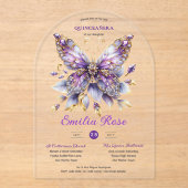 Zoete15 Vlinders QUINCEANERA Paars Blauw Goud Acryl Uitnodigingen (Voorkant)