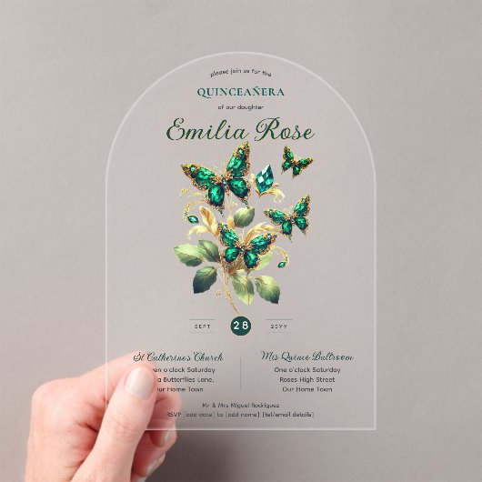 Zoete15 Vlinders QUINCEANERA Smaragdgroen Goud Acryl Uitnodigingen (Insitu (Draagbaar))