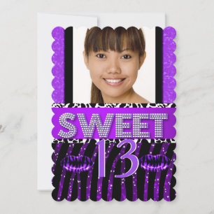 Zoete 13 13e Verjaardag Zebra Glitter Paarse Lippe Kaart