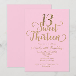 Zoete 13 Roze & Gouden Verjaardagsfeest Uitnodigin Kaart