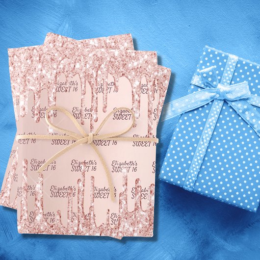 Zoete 16 16e roos goudglitter druppelt roze glans inpakpapier vel
