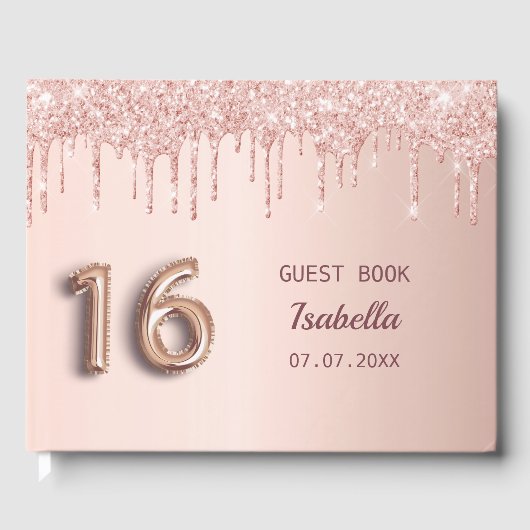Zoete 16 16e verjaardag roos goud glitter roze gastenboek (Voorkant)