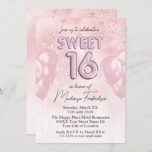 Zoete 16 ballonnen op roze glitter marmer kaart (Voorkant / Achterkant)