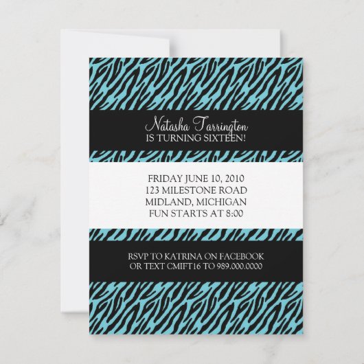 Zoete 16 Birthday Party Invitations {Zebra Print} Kaart (Achterkant)