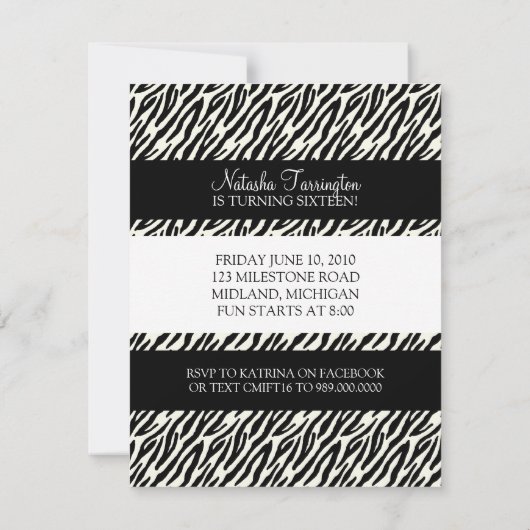 Zoete 16 Birthday Party Invitations {Zebra Print} Kaart (Achterkant)