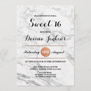 Zoete 16 Birthday Party Marble Roos Gold Invite 18 Kaart