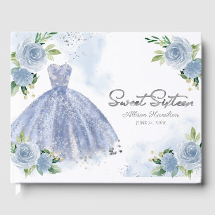 Zoete 16 Gastenboek Zilver Stof Blauw Jurk Bloemen