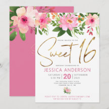 Zoete 16 Goud Schrift Blush Roze Bloemige Waterver