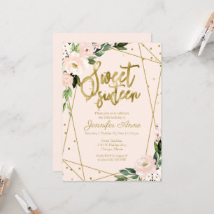 Zoete 16 Invitation Gold Foil Pink Blush Floral Kaart