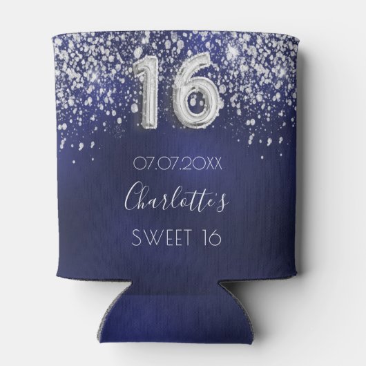 Zoete 16 marineblauwe zilveren glitterstof naam blikjeskoeler (Achterkant)