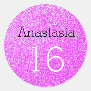 Zoete 16 Naam Leeftijd Zwart & Paarse Glitter Spar Ronde Sticker