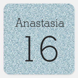 Zoete 16 Naam Zwart Blauw Zilver Glitters Glinster Vierkante Sticker