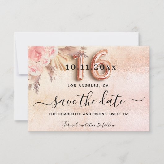 Zoete 16 pampas gras roze gouden bloemen save the date (Voorkant)