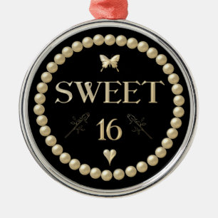 Zoete 16 - Pearls op zwarte "velvet" Metalen Ornament